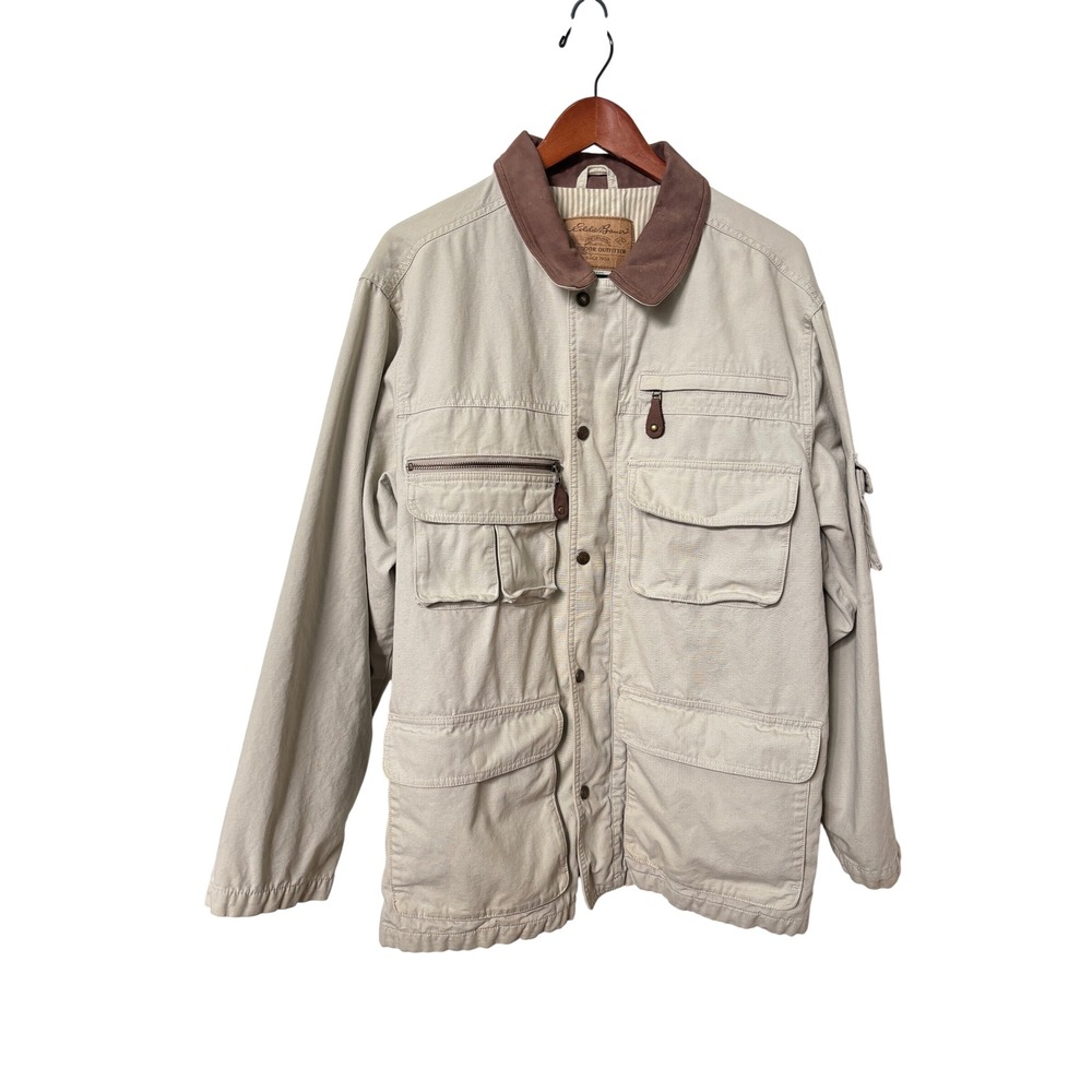 Eddie Bauer Mens Beige Cotton Canvas Field Jacket Leather Collar Multi Pocket M